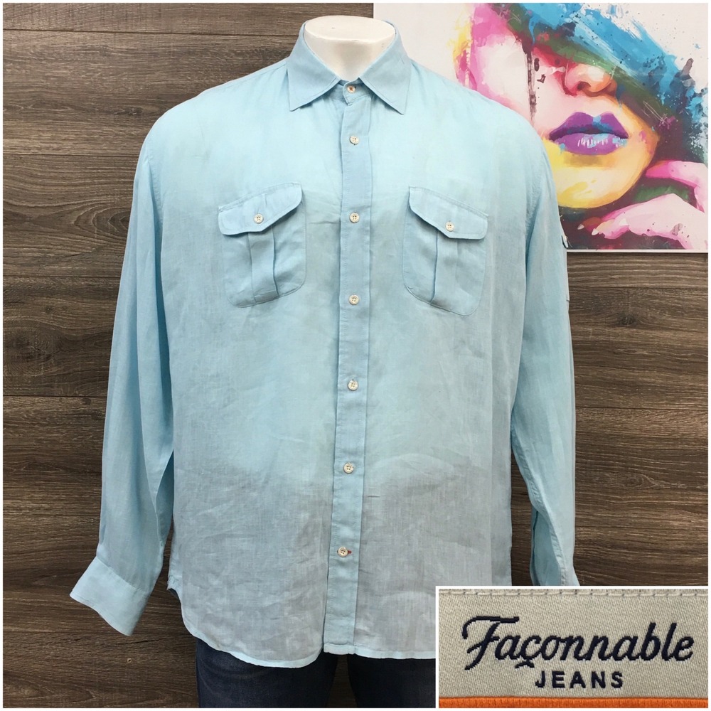 VINTAGE Faconnable Jeans Mens XL Teal Blue Linen Long Sleeve Button Down Shirt